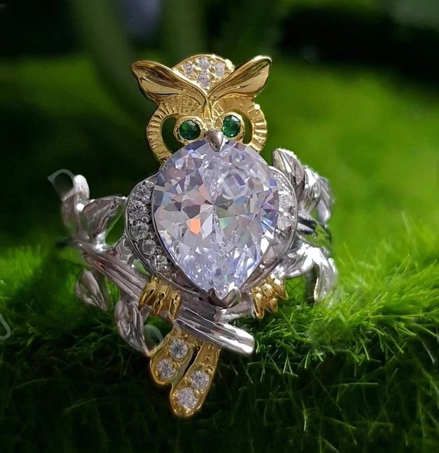 2Ct Heart Cut Owl Shape Ring Simulated Green Emerald 14K Two Tone Gold Plated 925 Sterling Silver, Anniversary Ring, For Birthday Gift Ring