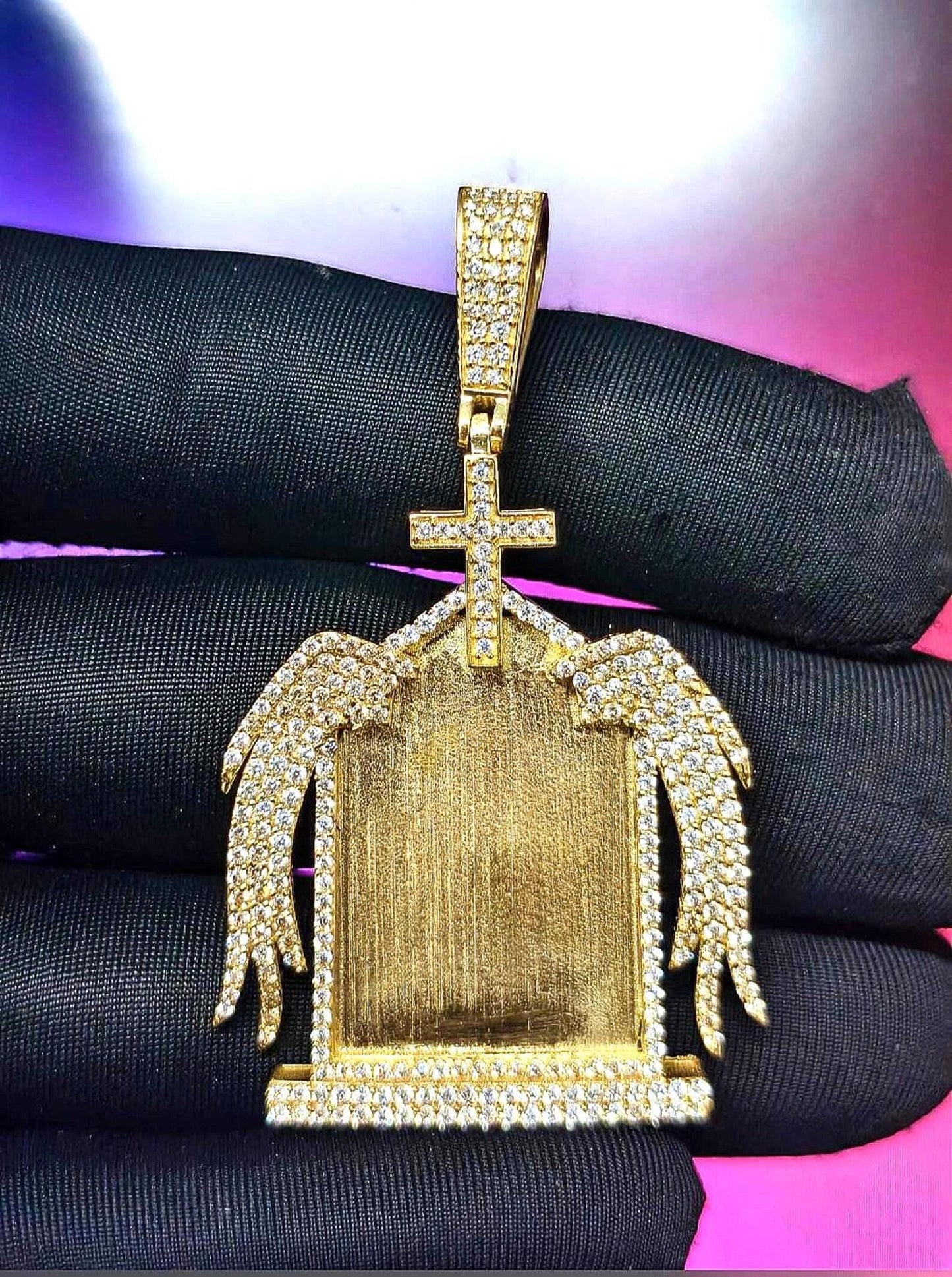 2Ct Round Cut Simulated White Diamond Picture Memory Pendant Pendant 14K Yellow Gold Plated Free Chain 18" 925 Silver, Custom Pendant