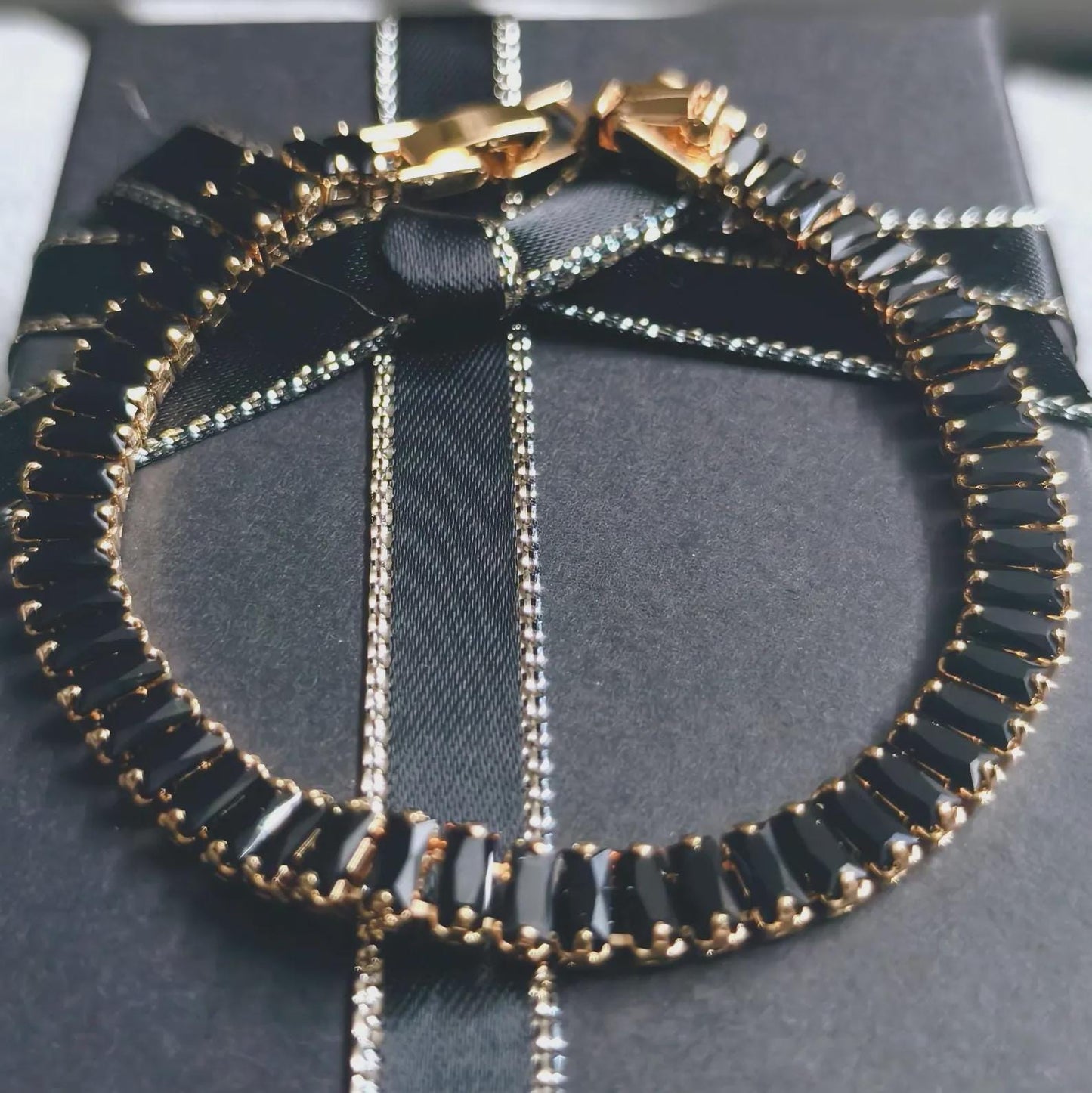 12Ct Baguette Cut CZ Black Diamond Lab-Created Spinel Tennis Bracelet 14K Yellow Gold Plated Diamond Bracelet Size 7.5" Inch 925 Silver