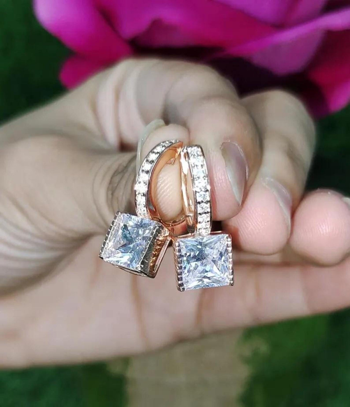 2Ct Princess Cut Simulated Diamond Drop Dangle Women's Earrings 14K Rose Gold Plated 925 Sterling Silver, Gift For Birthday Wear