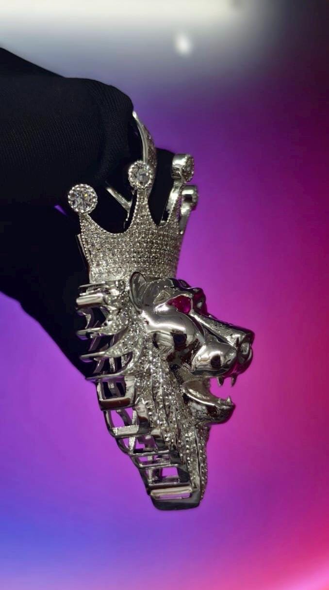 4Ct Round Cut Simulated Diamond Lion Head Pendant 14K White Gold plated 925 Sterling Silver