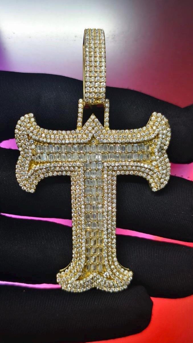 3Ct Round Cut Simulated Diamond Custom Inital Letter T Pendant 14K Yellow Gold Plated - 925 Silver