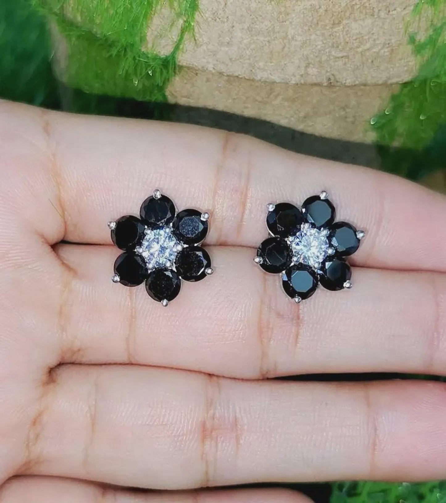 1.20Ct Round Cut Simulated Black Diamond Flower Earrings 14K White Gold Plated 925 Sterling Silver, Push back Earrings, Gift For Her