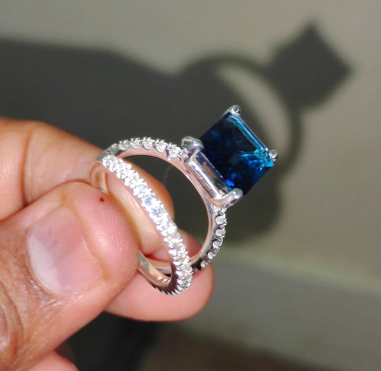 2.50Ct Emerald Brilliant Cut Blue Sapphire & VVS1/D Diamond Solitaire Engagement Bridal Ring Set 14K White Gold Finish Gift For her