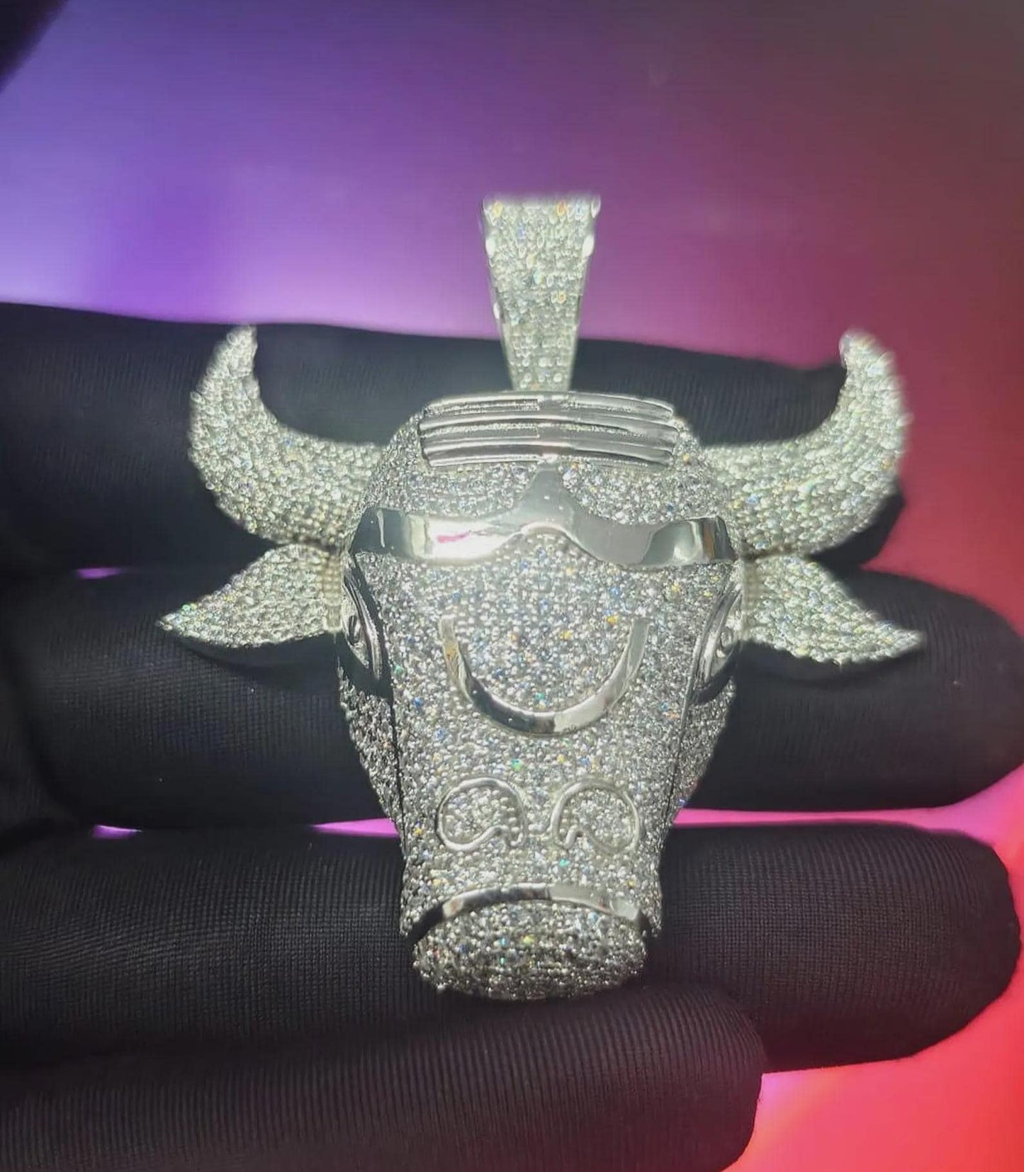 2Ct Round Cut Simulated White Diamond Bull Head Pendant 14K Yellow Gold Plated Free Chain 18" 925 Silver, Custom Hip Hop Animal Pendant