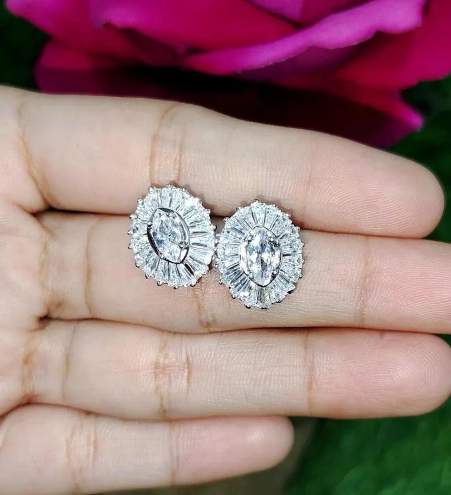 3Ct Diamond Prong Stud Earrings Marquise & Baguette Cut Simulated Diamond Earrings 14K White Gold Finish 925 Silver Gift For Birthday Wear