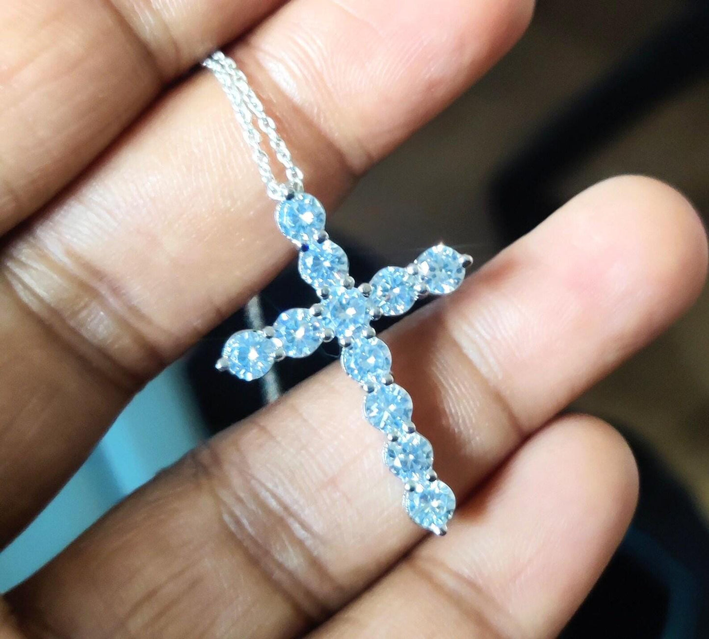 1.50Ct Round Cut Fancy VVS1 Diamond Cross Pendant 14k White Gold Plated- 925 Silver Free Chain