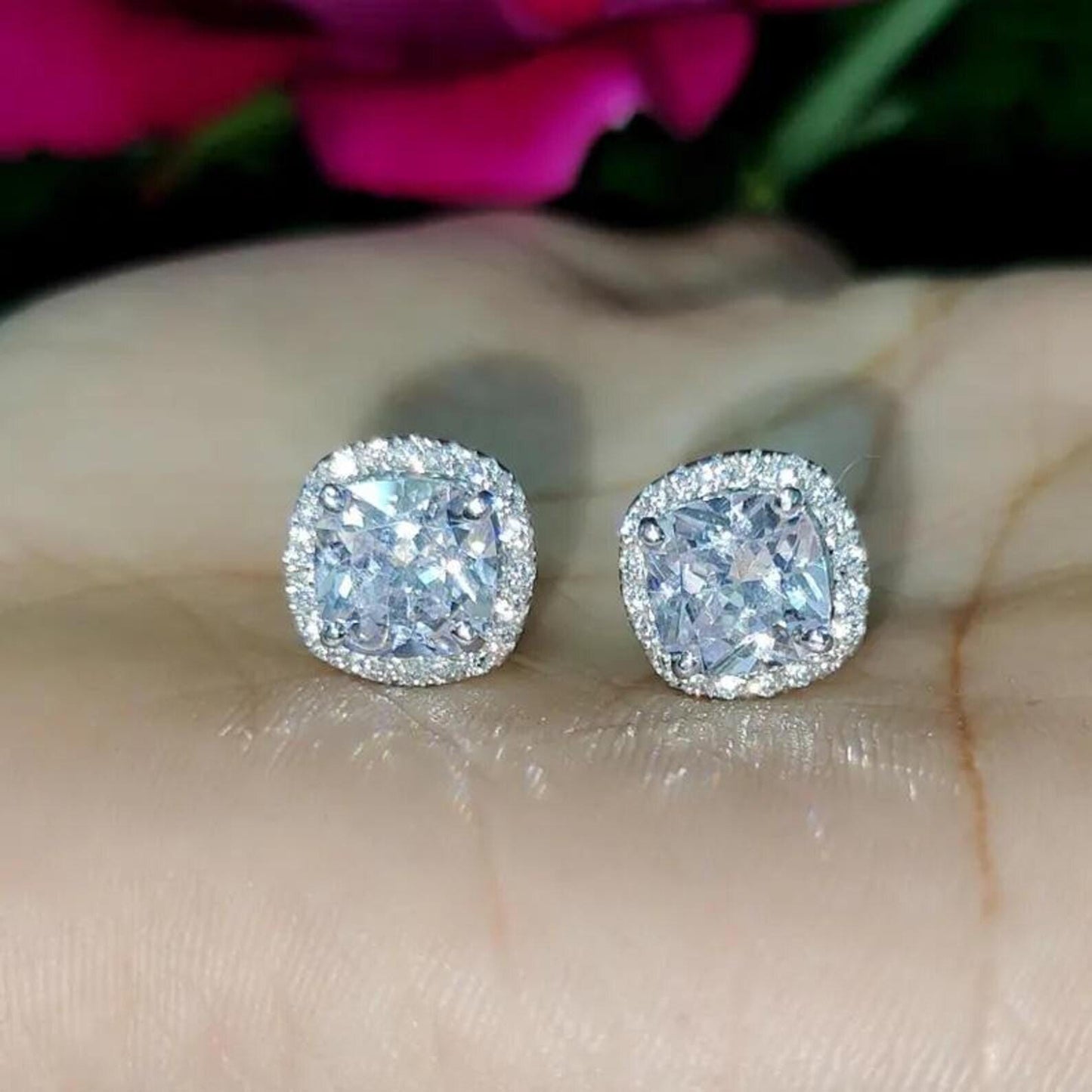 2Ct Cushion Cut Solitaire Prong Stud Earrings Simulated Diamond Earrings 14K White Gold Finish 925 Silver Stud Earring, Gift For Anniversary