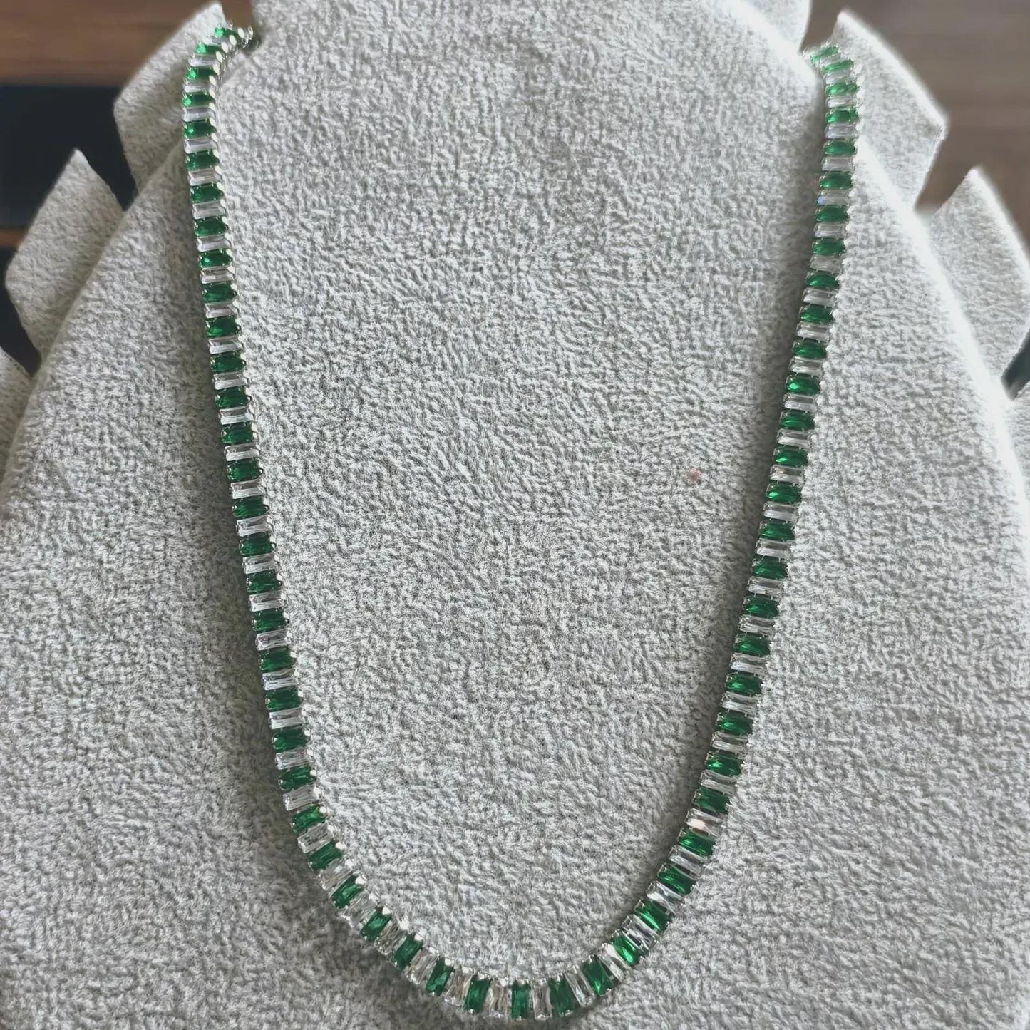 14Ct Radiant And Baguette Cut Emerald Lab-Created Gemstone Tennis Necklace 14K White Gold Plated Necklace Tennis Chain Necklace Size 19"