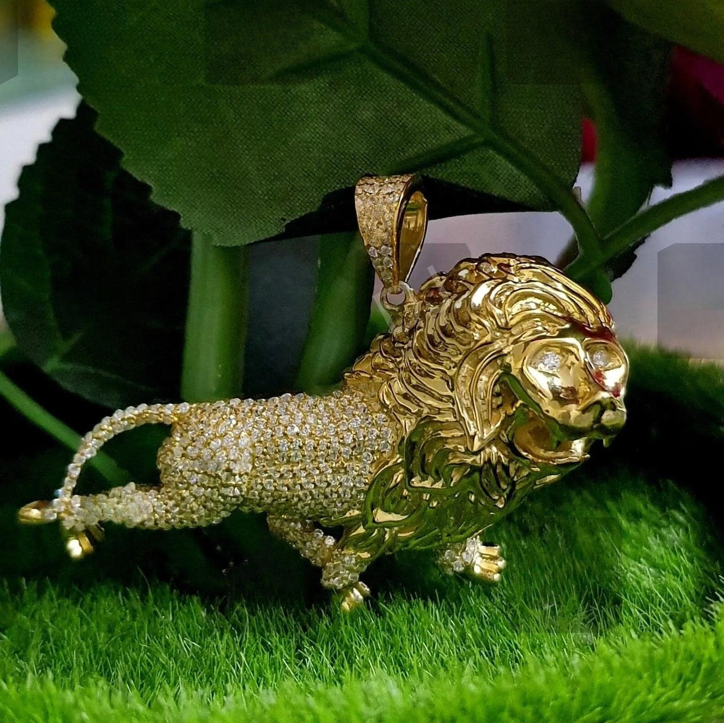 Round cut Custom Made King Lion Pendant Simulated Diamond , King Lion Hip Hop Multi Stone Pendant Free Chain 14k Yellow Gold Finish Pendant.