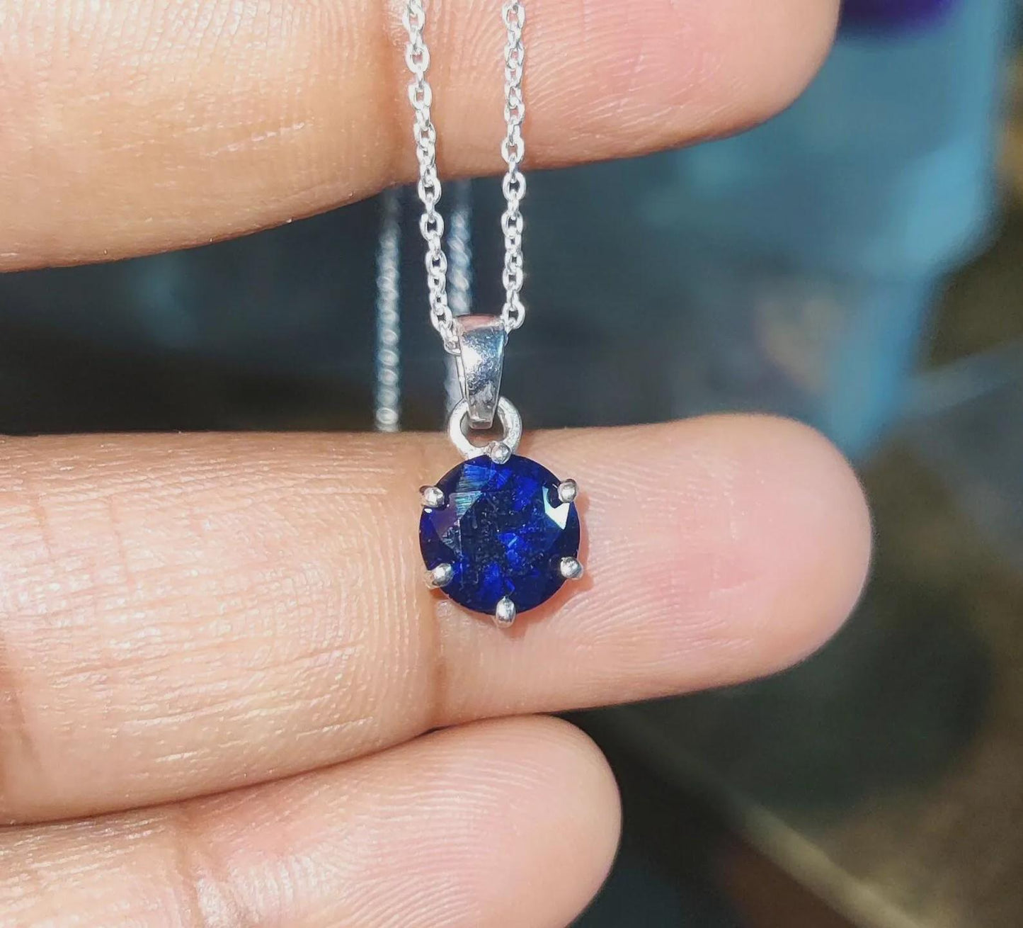 Blue Sapphire Pendant 2Ct Lab-Created Round Cut Blue Sapphire Solitaire Pendant 14K White Gold Plated Sapphire Pendant Blue Sapphire Pendant
