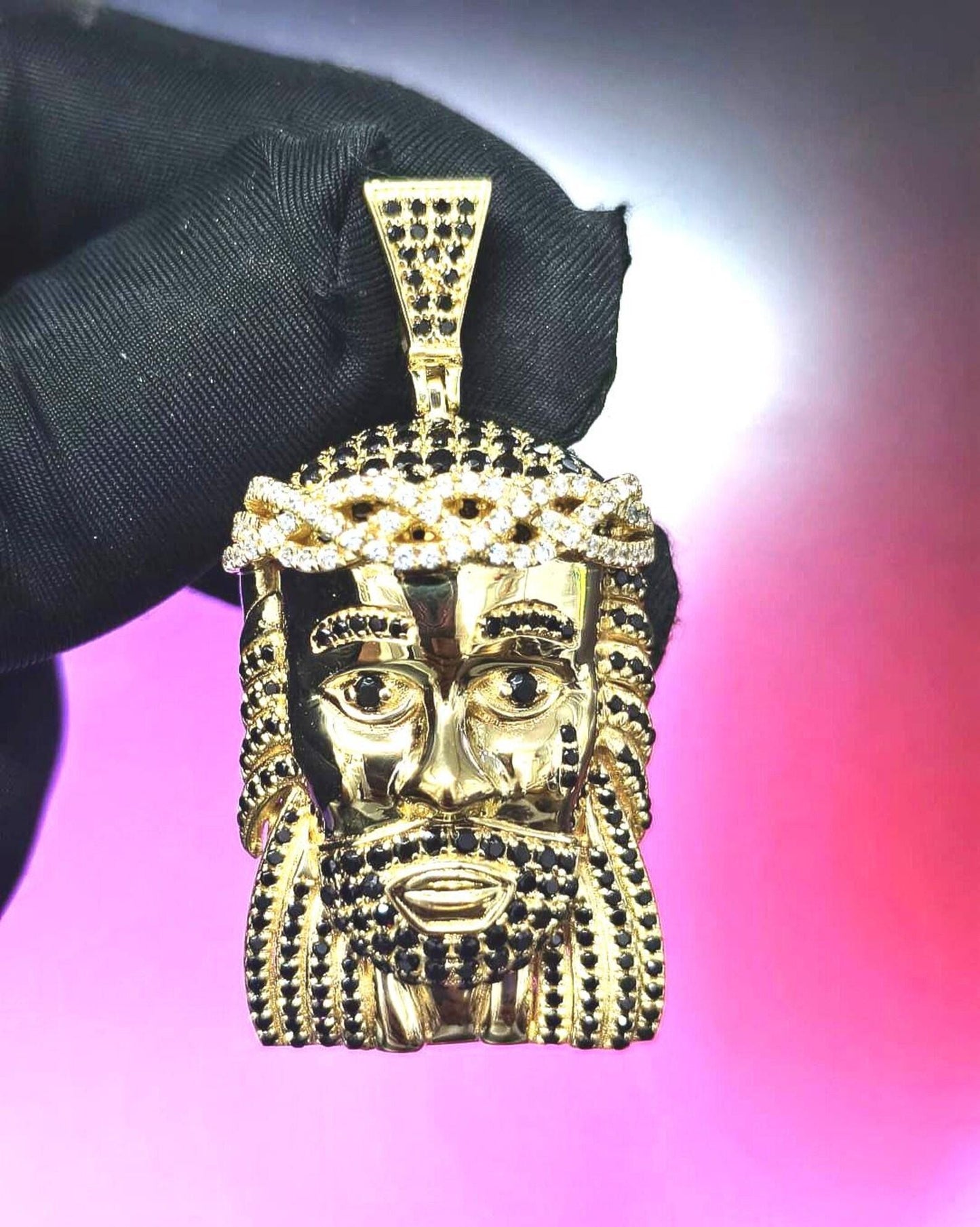 3Ct Round Cut Simulated Black and White Diamond Jesus Face Pendant 14K Yellow Gold Plated Free Chain 18" 925 Silver, Hip Hop Custom Pendant