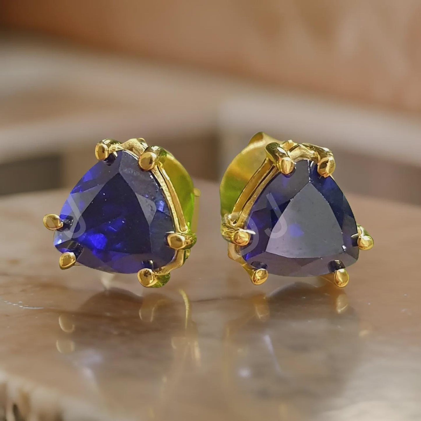 2Ct Trillion Cut Sapphire Stud Blue Sapphire Diamond 14K Yellow Gold Finish Halo Stud Earrings 925 Sterling Silver Gift For Birthday.