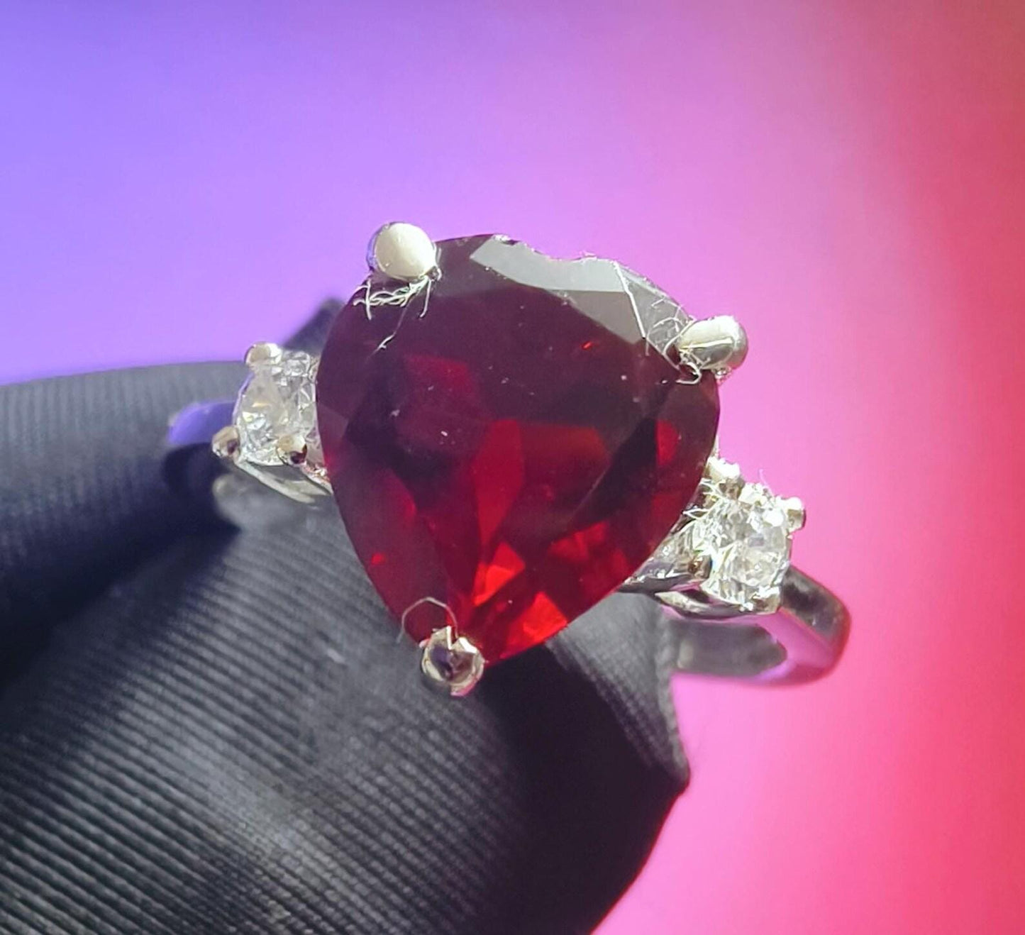 1.50Ct Heart Cut Simulated Red Garnet & Diamond Wedding Engagement Ring 14k White Gold Plated- 925 Silver, Gift for Her