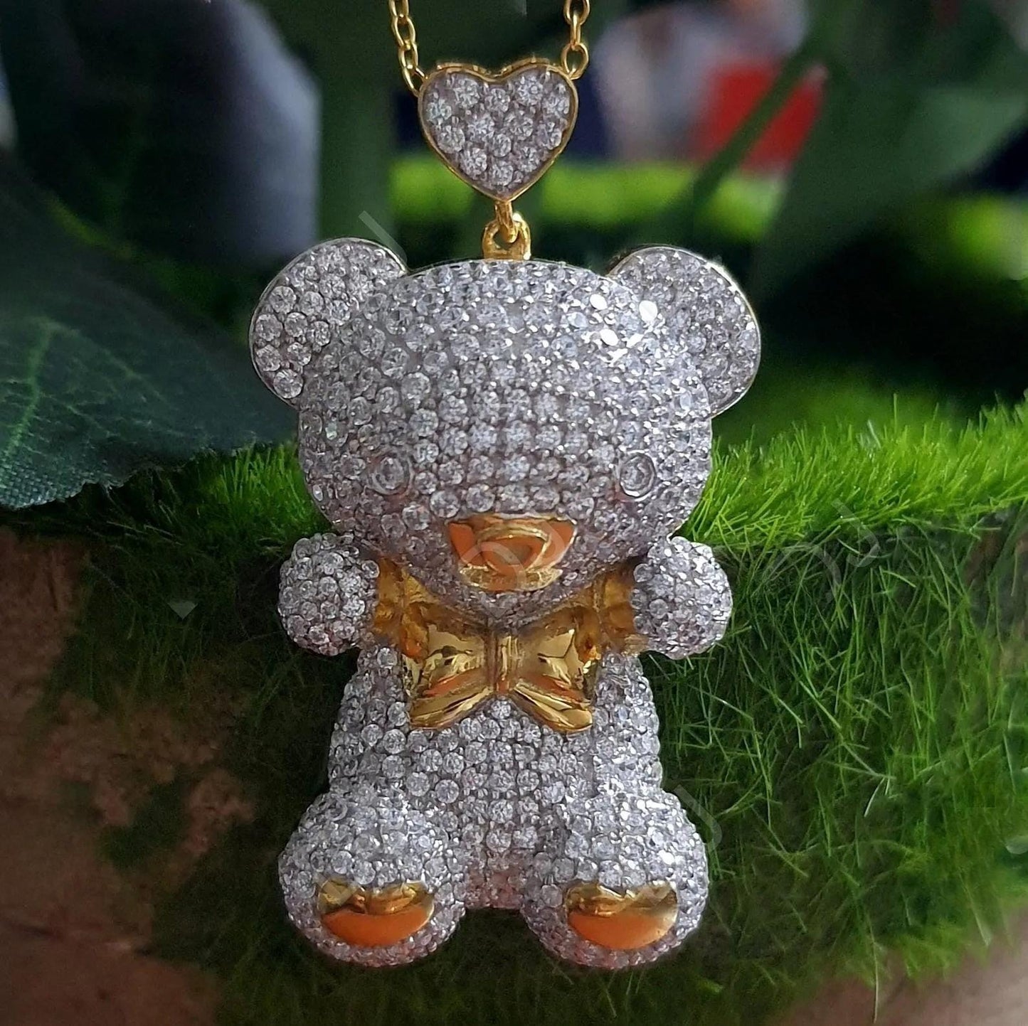3Ct Designer Teddy Bear Lab Created Diamond 925 Sterling Silver Charm Pendant, Beautiful Teddy Bear 14k Yellow Gold Plated Charm Pendant,