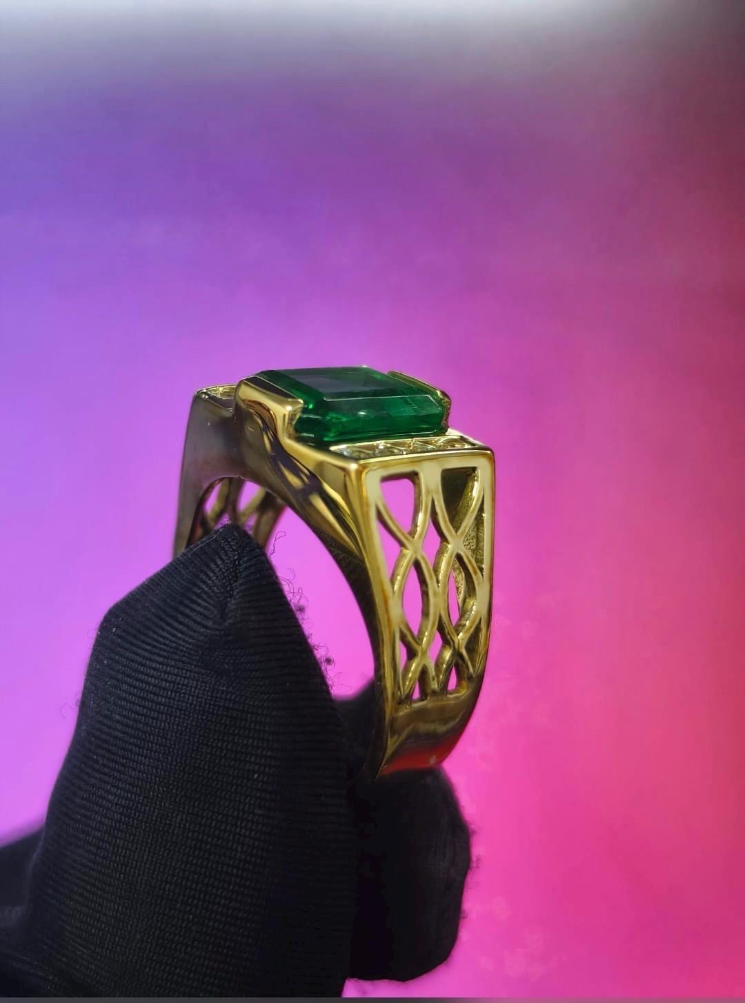 4Ct Emerald Cut Simulated Emerald Men's Wedding Ring 14K Yellow Gold Plated- 925 Silver