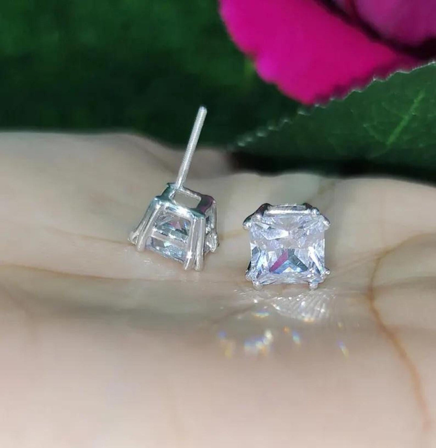 8mm Princess Cut Prong Stud Earrings Simulated Diamond Earrings 14K White Gold Finish 925 Silver Prong Setting Earring, Gift For Anniversary