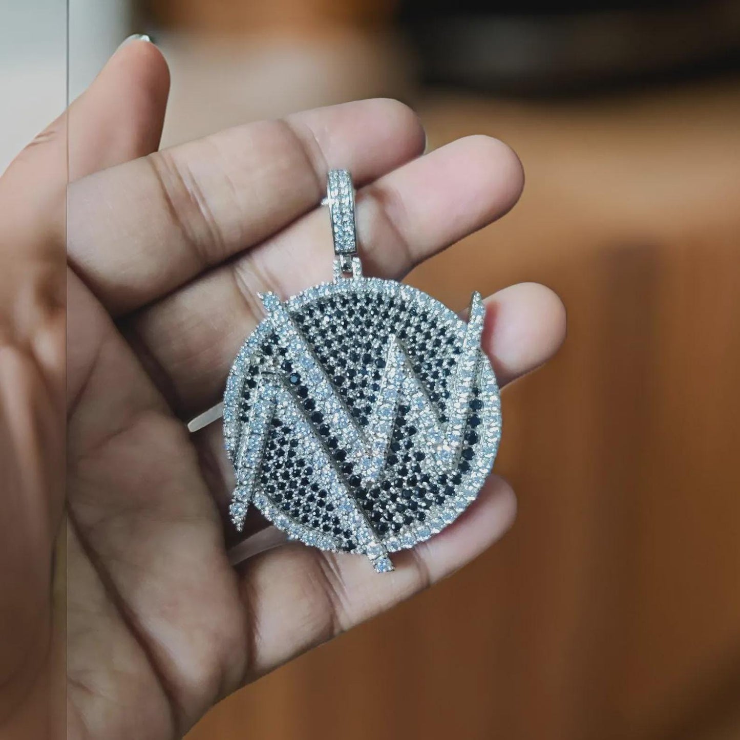 4Ct Diamond Round Cut Lab-Created Black Diamond Cluster AW Circle Pendant 14K White Gold Finish Hip Hop Alphabet Circle Diamond Pendant