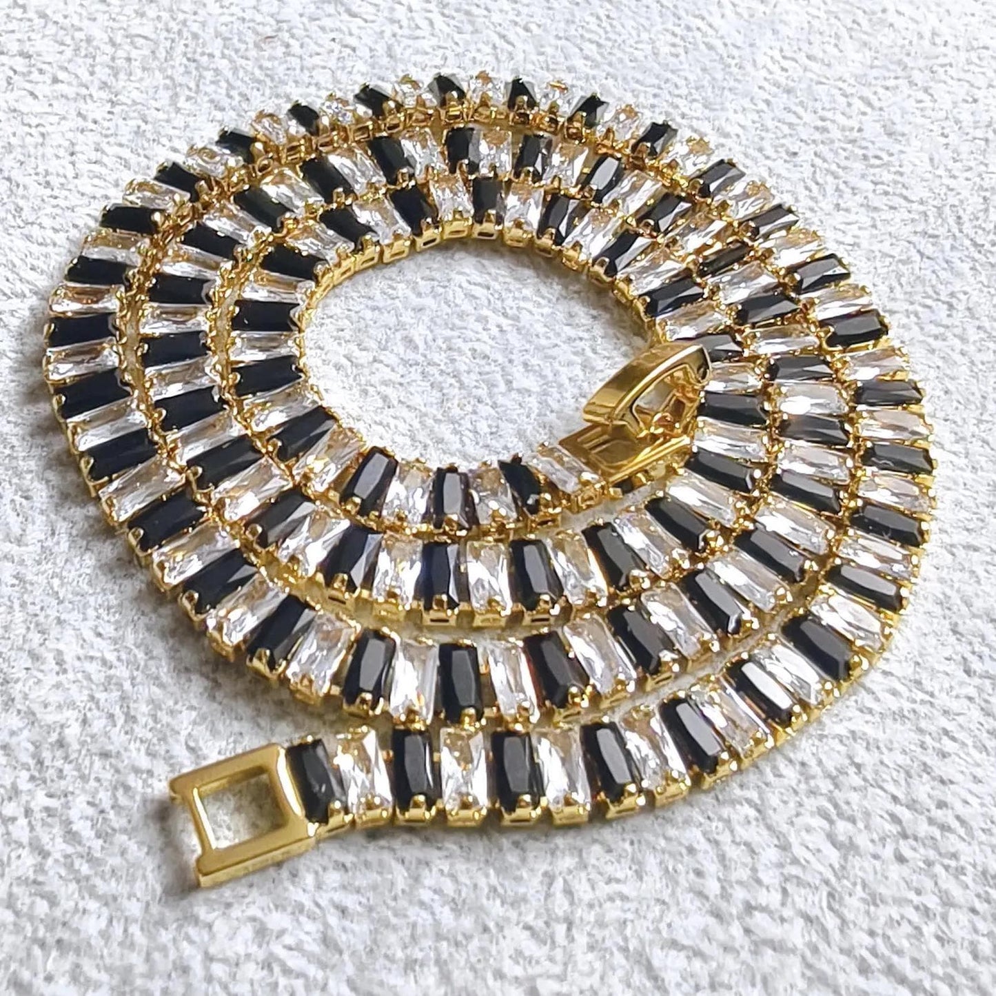 14Ct Radiant And Baguette Cut White & Black Lab-Created Gemstone Tennis Necklace 14K Yellow Gold Plated Necklace Tennis Necklace Size 19" In