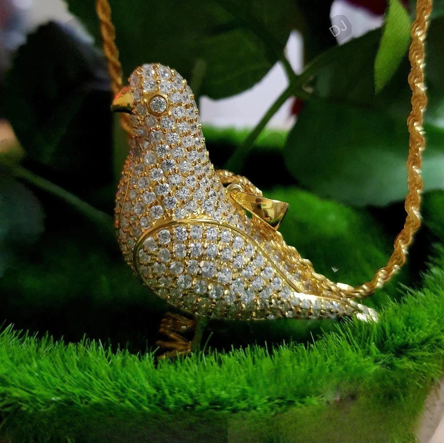 14k Yellow Gold Finish Pendant. Custom Made Bird Pendant Round cut Simulated Diamond Yellow Gold Plated Bird Pendant Free Chain