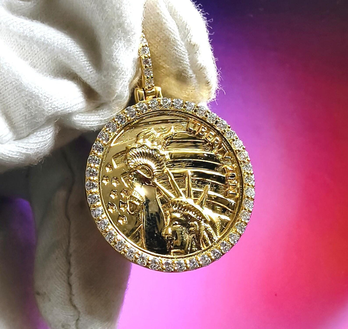 1Ct Round Cut Moissanite Pendant Liberty Coin Pendant Necklaces Pendant 14K Yellow Gold Over Moissanite Liberty Pendant