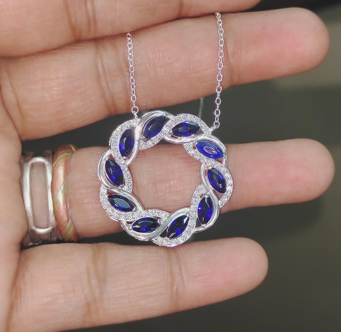 2Ct Marquise Cut Blue Sapphire & VVS1/D Diamond Circle Pendant Necklace 14k White Gold Plated Birthday Gift for Her Free Chain