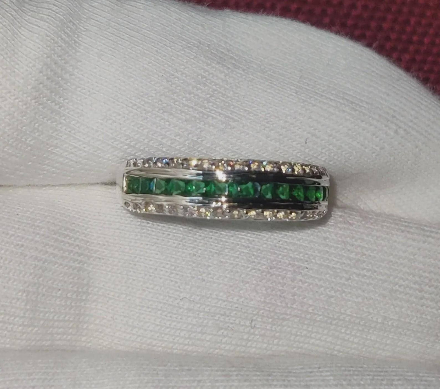 1.50Ct Emerald Princess Cut Simulated Emerald Diamond  Band Engagement Anniversary Ring Prong 14K White Gold Finish 925 Sterling Silver