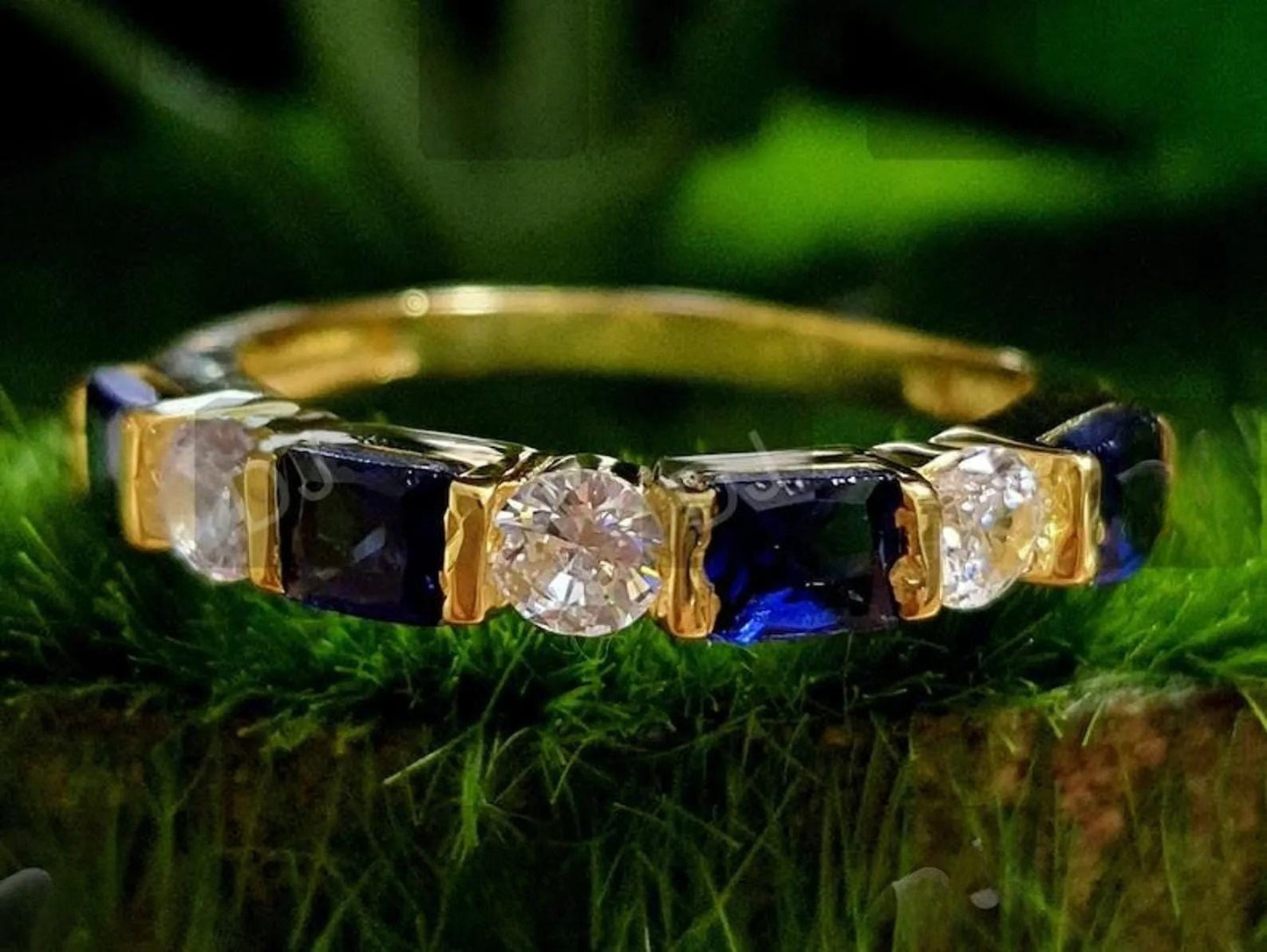 2Ct Round Cut Simulated Diamond & Princess Cut Sapphire Engagement Anniversary Band Ring 14K Yellow Gold Finish, Birthday Gift, Ring For Her