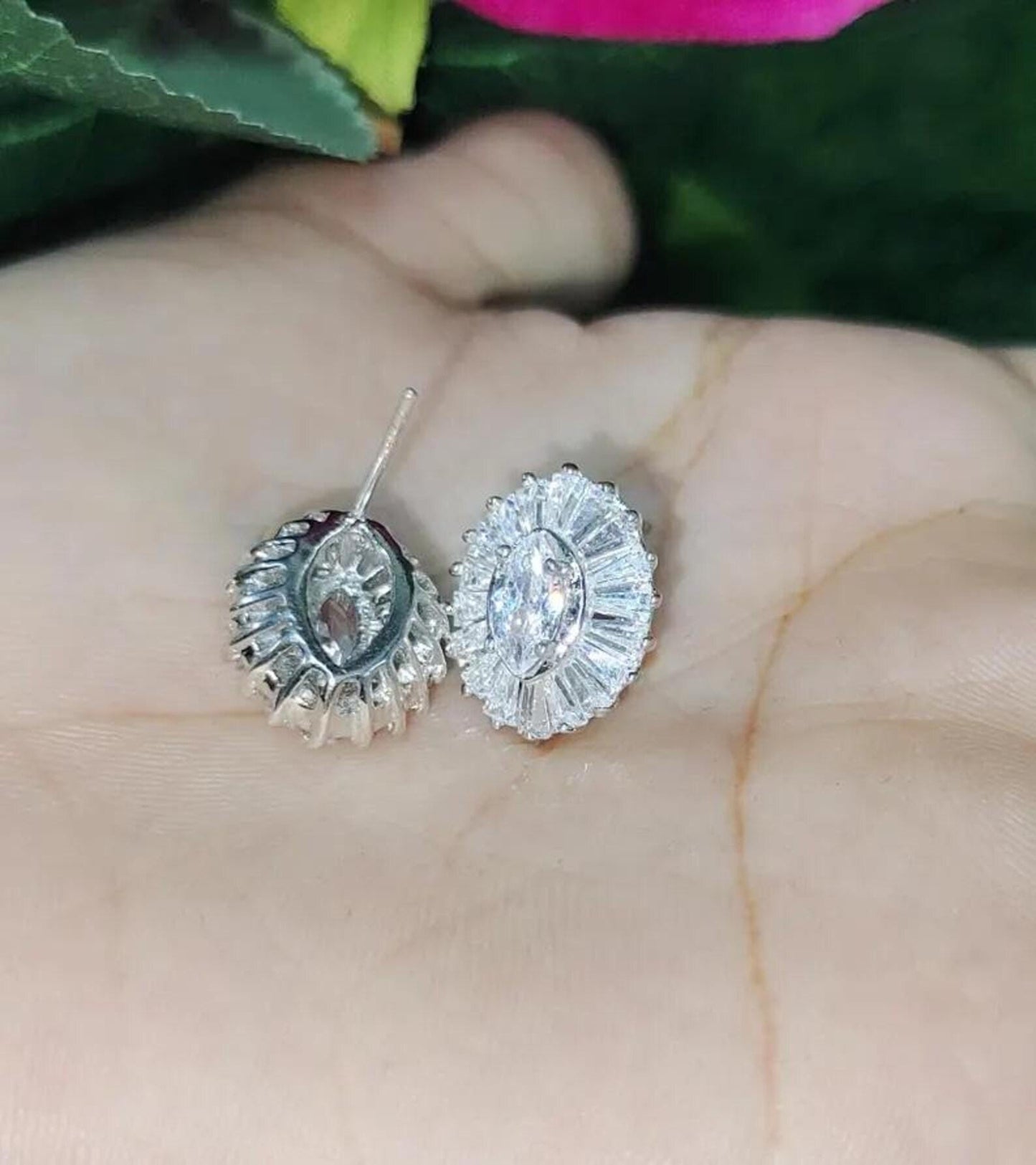 3Ct Diamond Prong Stud Earrings Marquise & Baguette Cut Simulated Diamond Earrings 14K White Gold Finish 925 Silver Gift For Birthday Wear