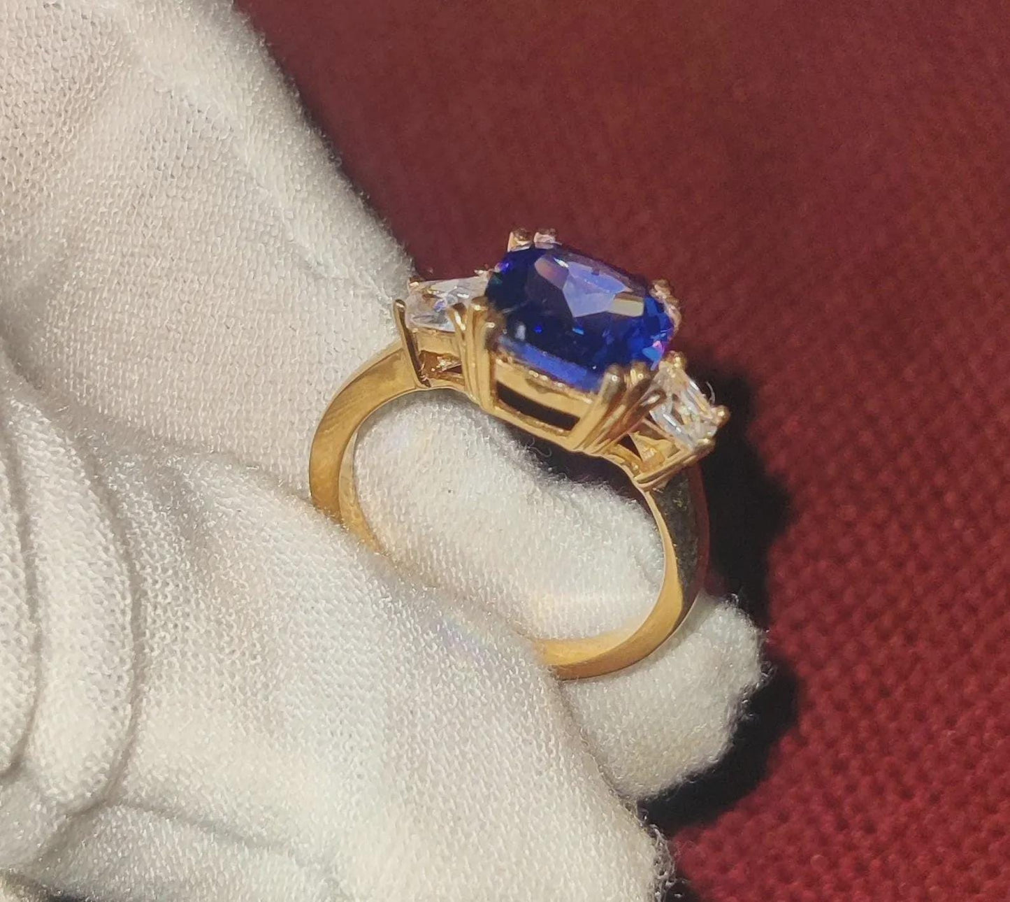 Three-Stone Tanzanite Ring Lab-Created Blue Tanzanite Wedding Engagement Ring 14K Yellow Gold Plated 925 Silver Diamond Engagement Ring