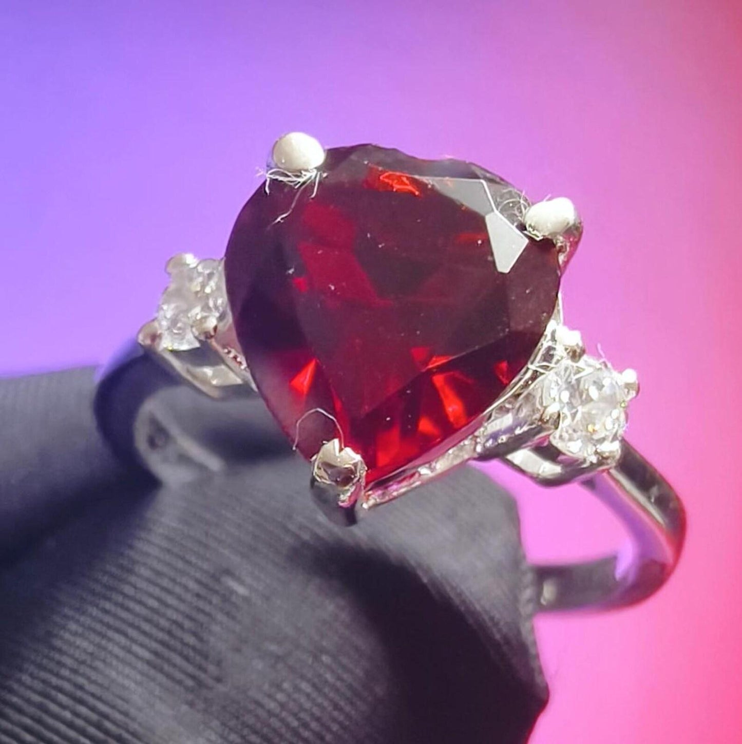 1.50Ct Heart Cut Simulated Red Garnet & Diamond Wedding Engagement Ring 14k White Gold Plated- 925 Silver, Gift for Her