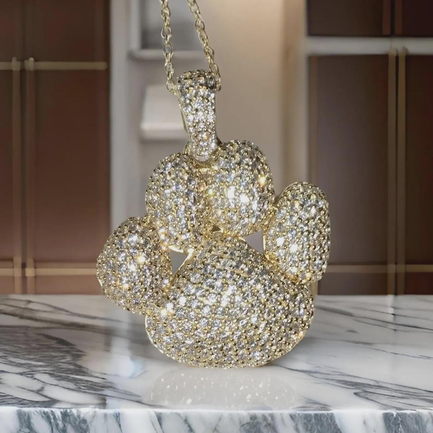 3Ct Round Cut Simulated White Diamond Dog Paw Pendant 14K Yellow Gold Finish Free Chain 925 Sterling Silver Hip Hop Dog Paw Pendant