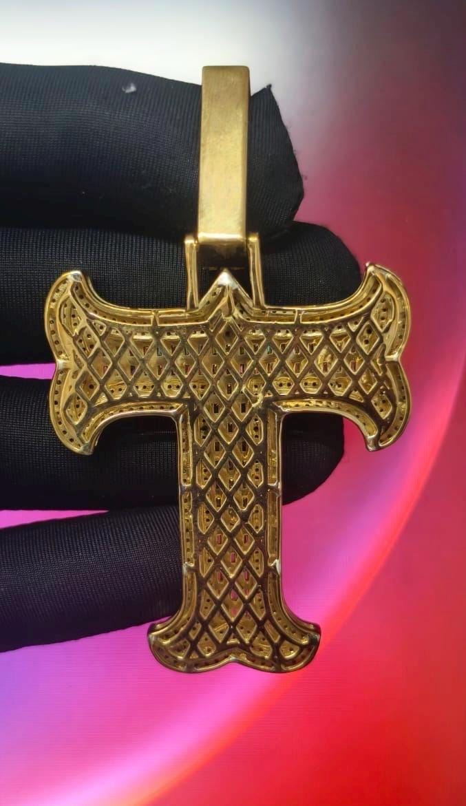 3Ct Round Cut Simulated Diamond Custom Inital Letter T Pendant 14K Yellow Gold Plated - 925 Silver