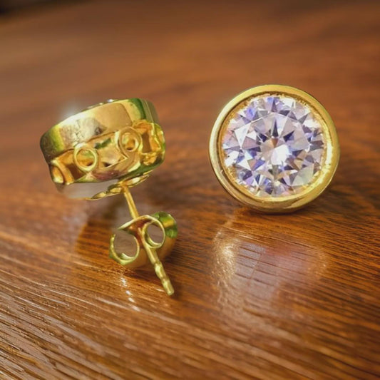 2Ct Solitaire Earrings Bezel Set Stud Earrings Round Cut Simulated Diamond Earrings 14k Yellow Gold Plated, Gift for Birthday Party