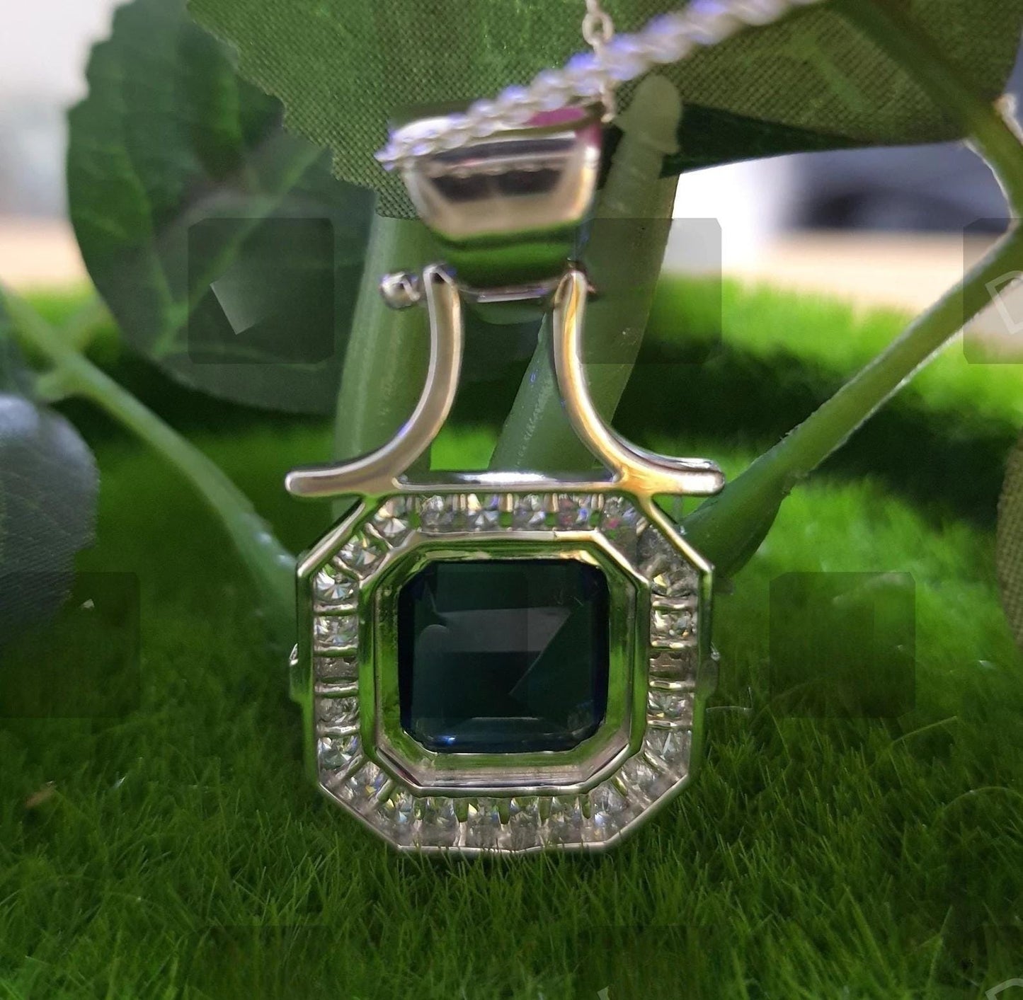 3Ct Asscher Cut Blue Sapphire Round Cut Diamond Halo 14K White Gold Finish Pendant Necklace For Girls With Free Chain