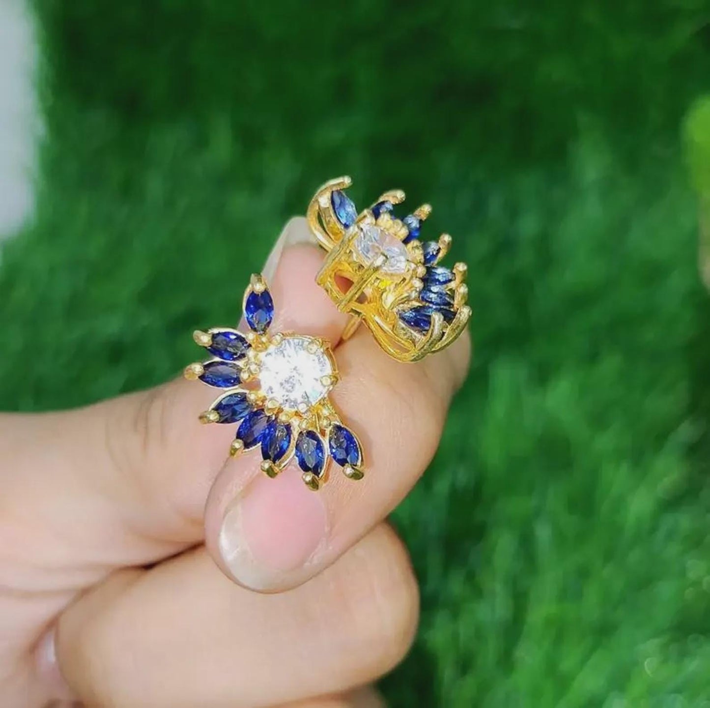 1Ct Marquise Cut Sapphire Stud Earrings Blue Sapphire Flower Stud Women's Earrings 14K Yellow Gold Plated 925 Silver Push Back Earrings