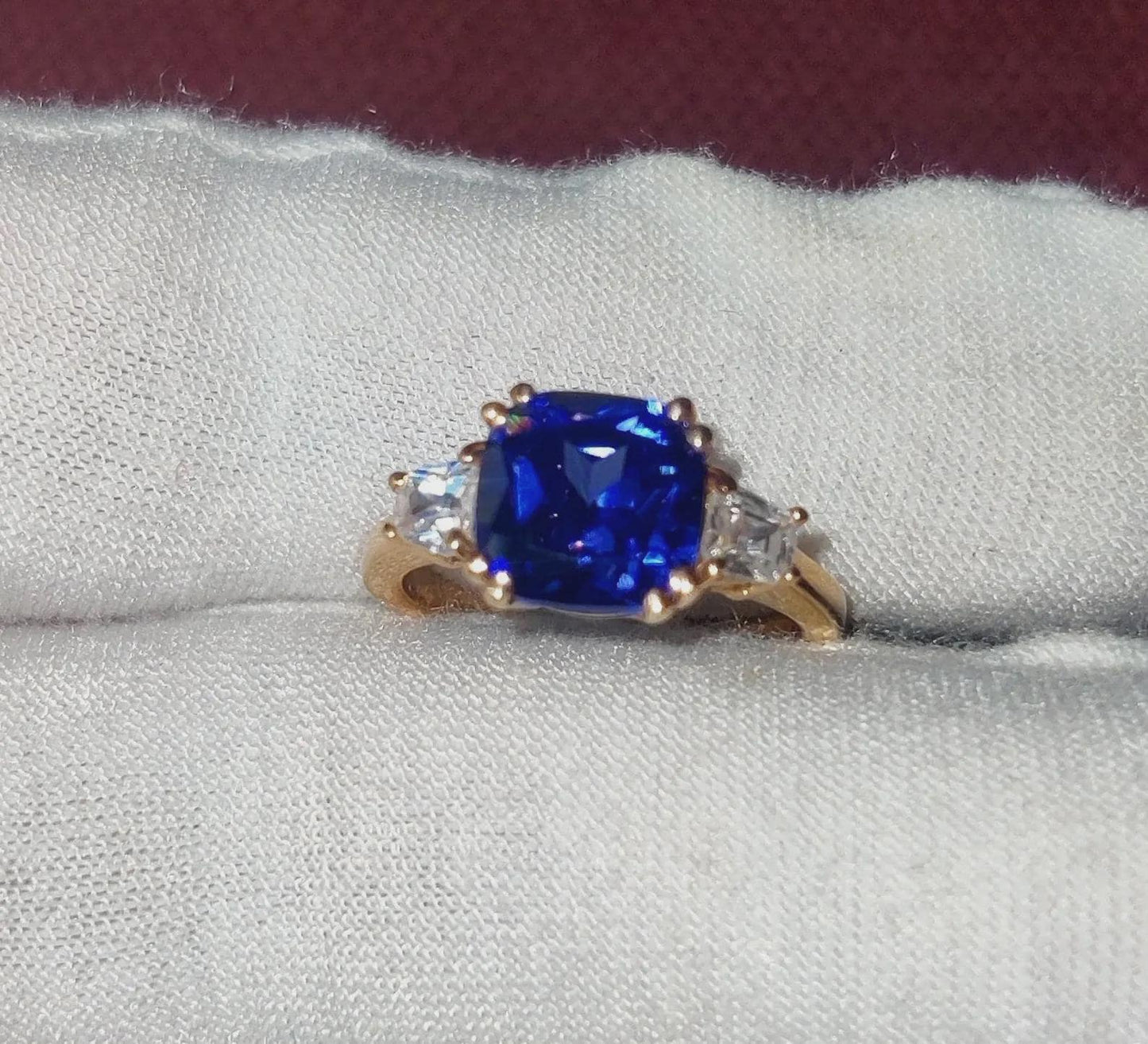 Three-Stone Tanzanite Ring Lab-Created Blue Tanzanite Wedding Engagement Ring 14K Yellow Gold Plated 925 Silver Diamond Engagement Ring