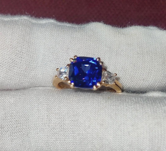 Three-Stone Tanzanite Ring Lab-Created Blue Tanzanite Wedding Engagement Ring 14K Yellow Gold Plated 925 Silver Diamond Engagement Ring