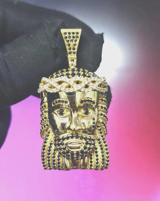 3Ct Round Cut Simulated Black and White Diamond Jesus Face  Pendant 14K Yellow Gold Plated Free Chain 18" 925 Silver, Hip Hop Custom Pendant