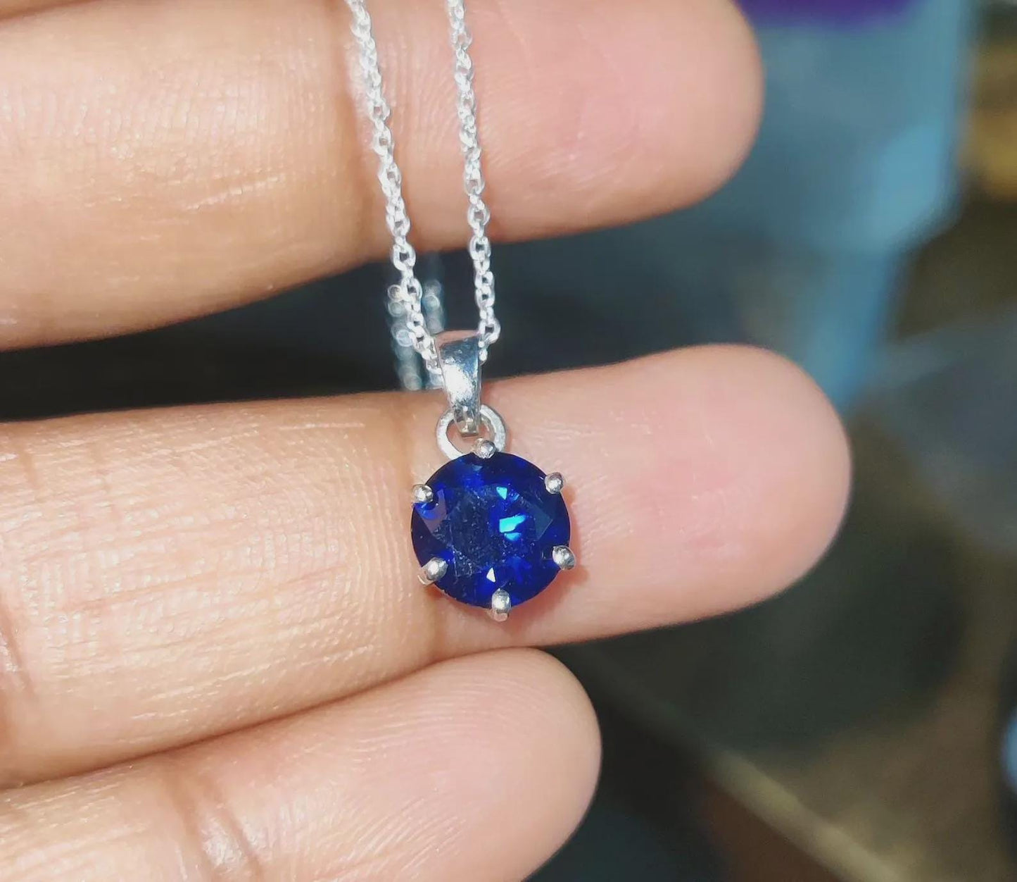 Blue Sapphire Pendant 2Ct Lab-Created Round Cut Blue Sapphire Solitaire Pendant 14K White Gold Plated Sapphire Pendant Blue Sapphire Pendant