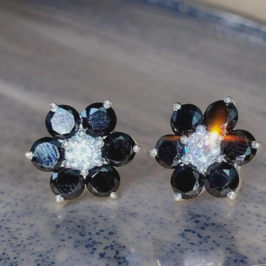 1.20Ct Round Cut Simulated Black Diamond Flower Earrings 14K White Gold Plated 925 Sterling Silver, Push back Earrings, Gift For Her