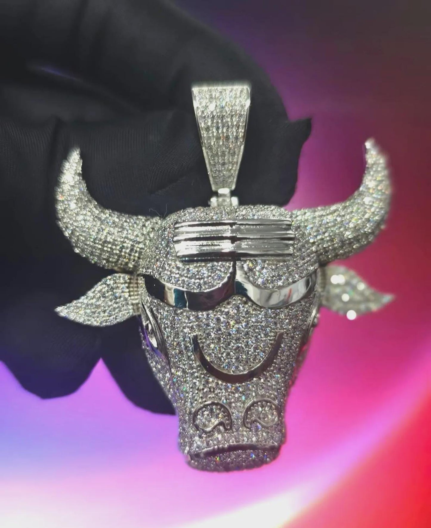 2Ct Round Cut Simulated White Diamond Bull Head Pendant 14K Yellow Gold Plated Free Chain 18" 925 Silver, Custom Hip Hop Animal Pendant