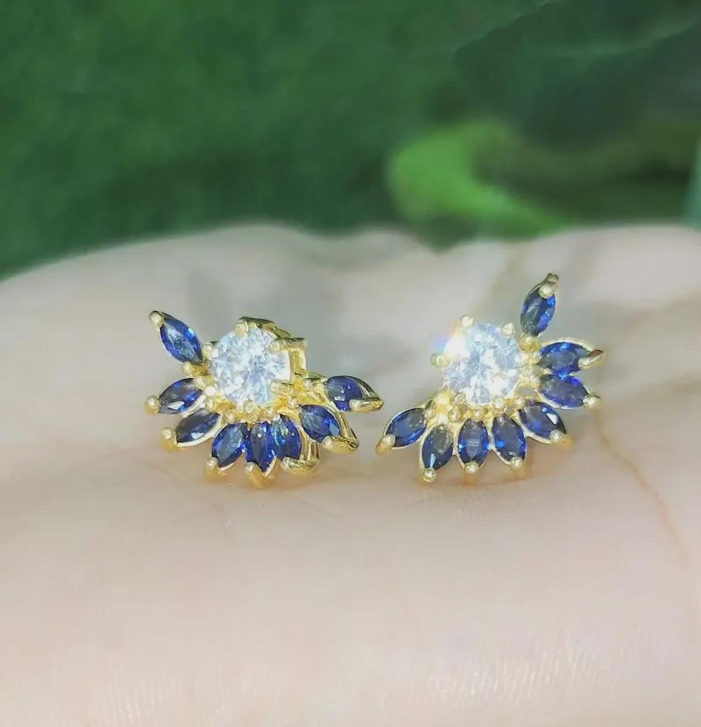 1Ct Marquise Cut Sapphire Stud Earrings Blue Sapphire Flower Stud Women's Earrings 14K Yellow Gold Plated 925 Silver Push Back Earrings