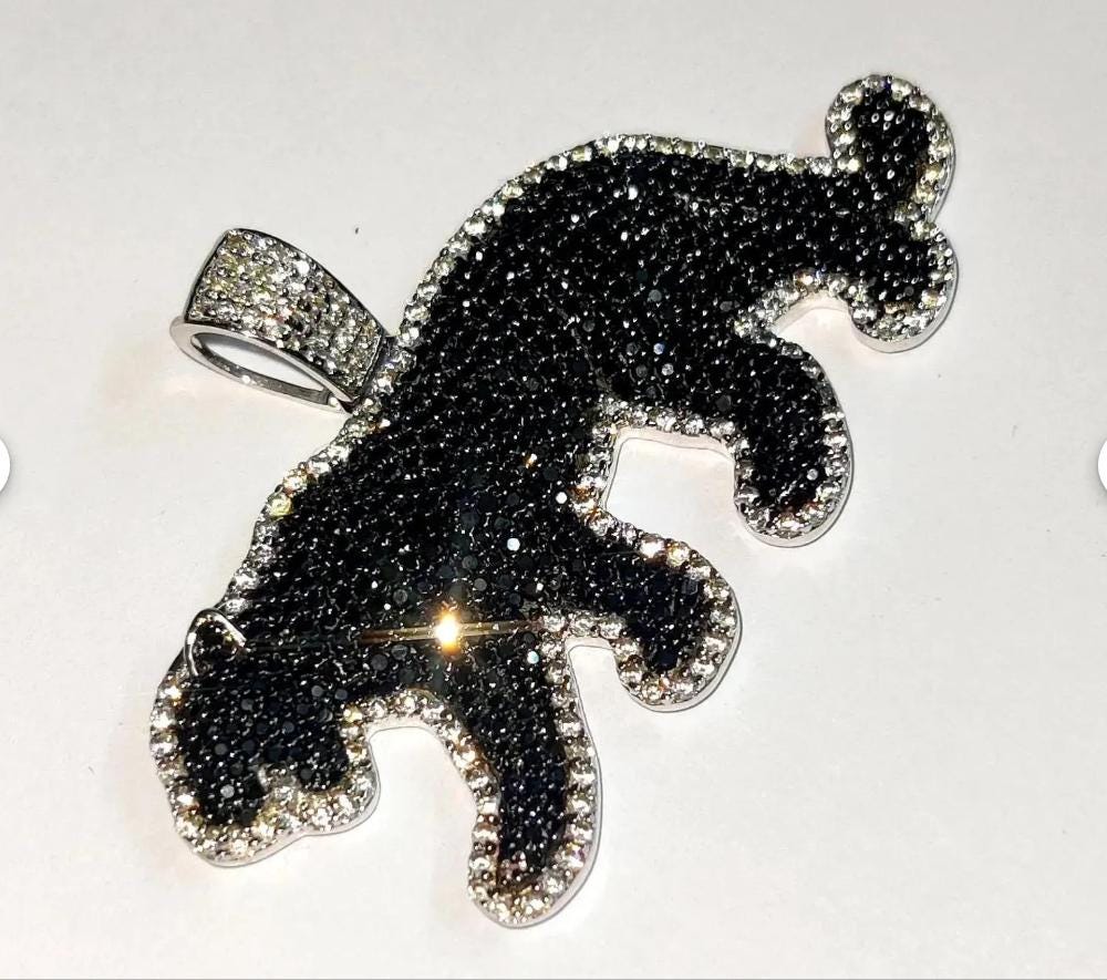 3Ct Round Cut Simulated Black Diamond Panther Pendant 14K White Gold Plated Black - 925 Silver