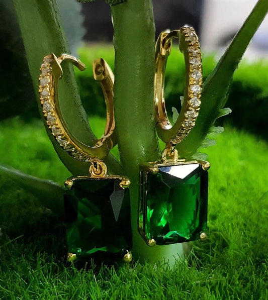 4Ct Radiant Cut Green Emerald Solitaire Earrings / 14K Yellow Gold Finish Drop & Dangle Wedding Earrings Birthday Gift