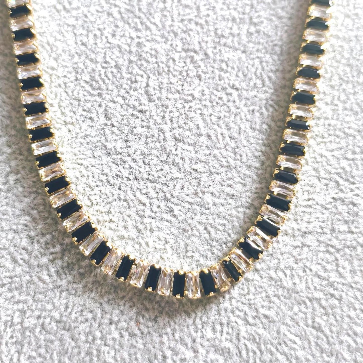 14Ct Radiant And Baguette Cut White & Black Lab-Created Gemstone Tennis Necklace 14K Yellow Gold Plated Necklace Tennis Necklace Size 19" In