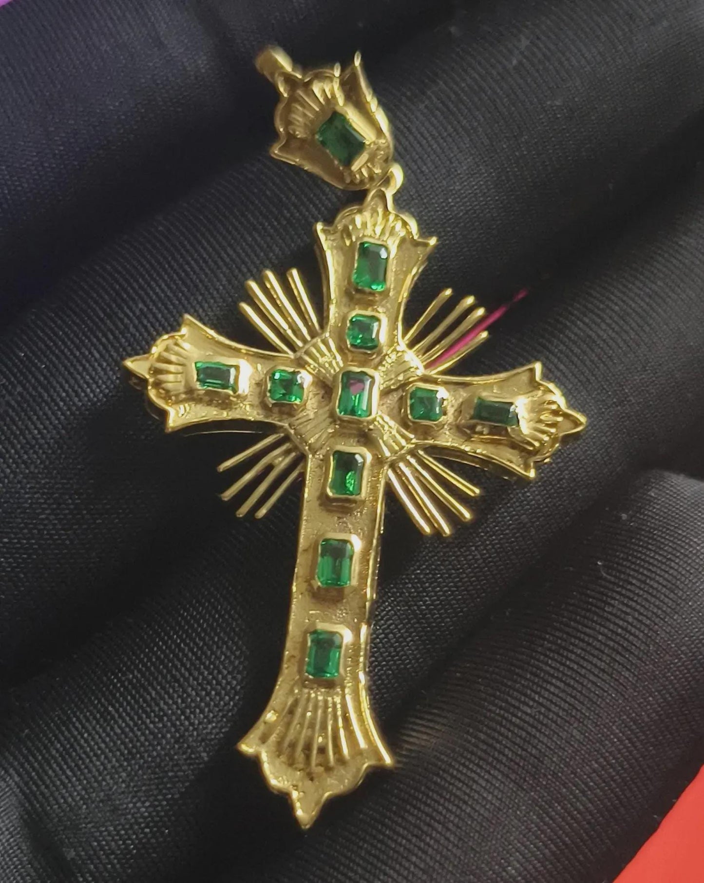 Emerald Cut Cross Pendant Simulated Green Emerald Diamond Pendant 4K Yellow Gold Plated 925 Sterling Silver, Religious Christmas Pendant