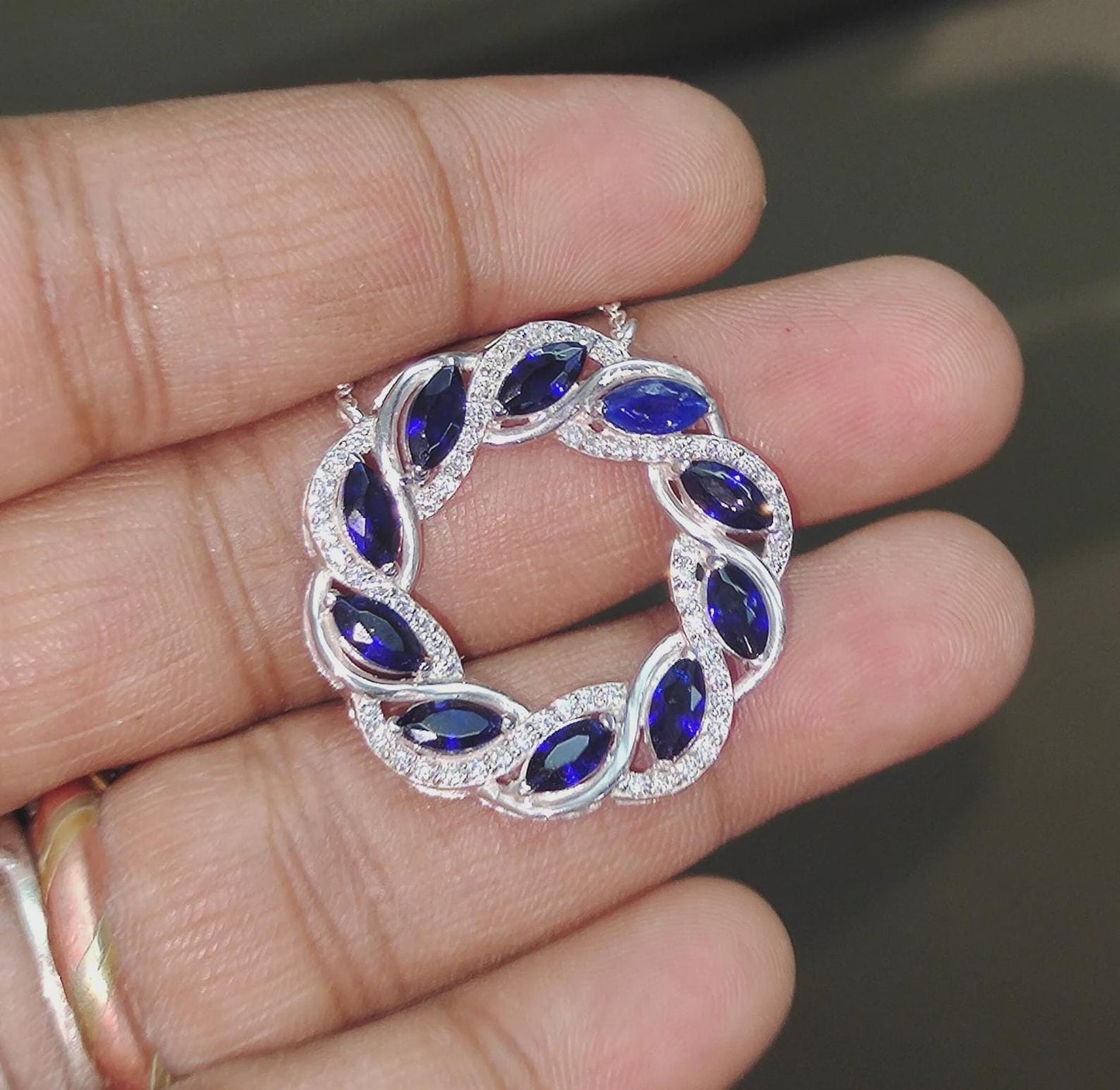 2Ct Marquise Cut Blue Sapphire & VVS1/D Diamond Circle Pendant Necklace 14k White Gold Plated Birthday Gift for Her Free Chain