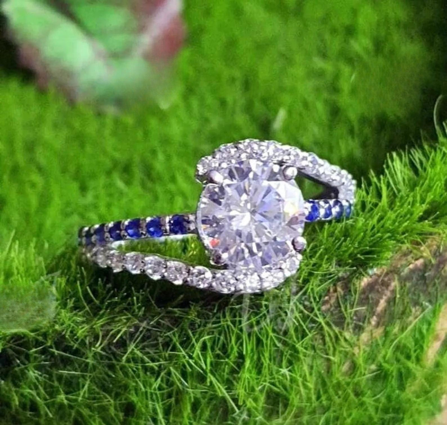 2Ct Round Cut Simulated White Diamond and Sapphire Wedding Women Engagement Anniversary Ring 14k White Gold Plated- 925 Silver, Gift for Her