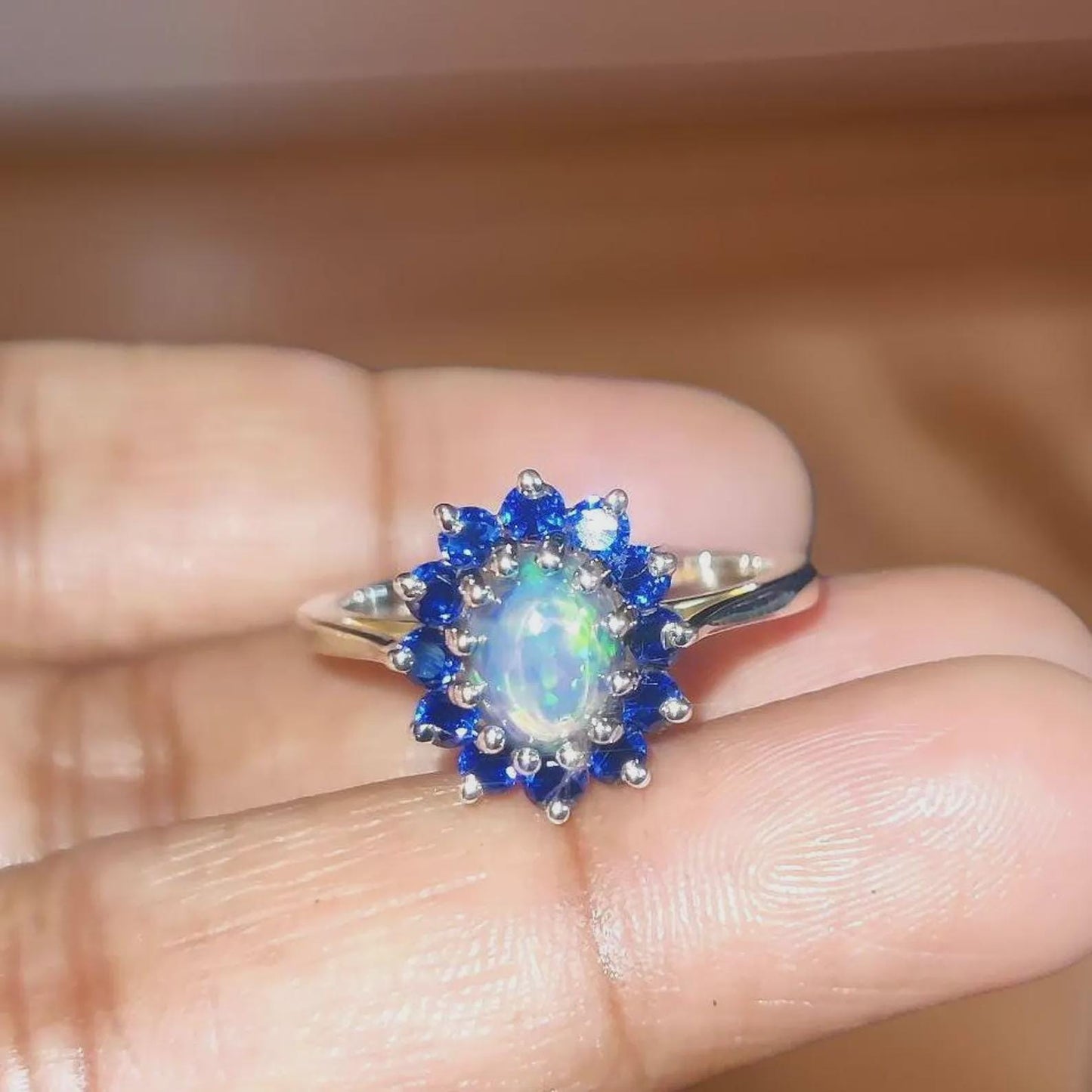 2Ct Oval Cut Fire Opal and Blue Sapphire Halo Engagement Wedding Ring 14K White Gold Finish Opal Ring Halo Fire Opal Ring